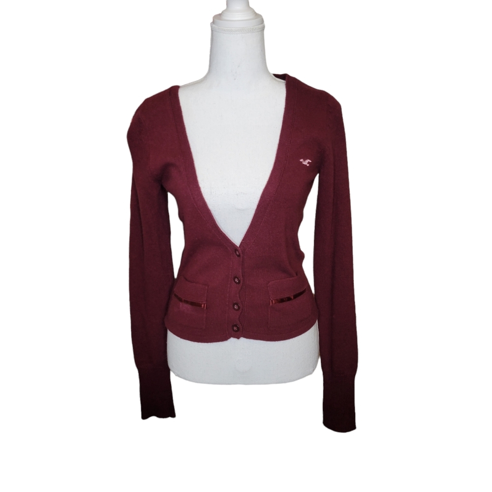 HOLLISTER Wool Blend Maroon V-Neck Long Sleeve Cropped Cardigan Size Large